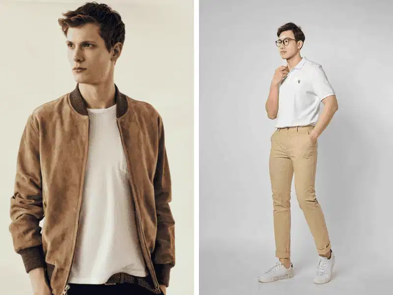 Phối layer bomber nâu và quần kem Layer áo khoác bomber nâu áo thun và quần kem