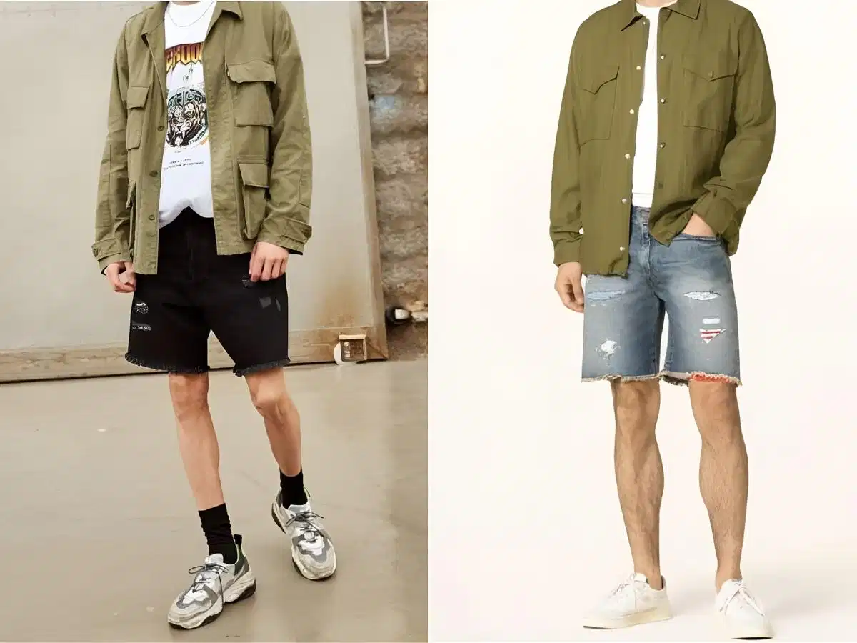 Quần ngố denim phối với áo thun và giày sneakers Quần ngố denim phối với áo thun và giày sneakers