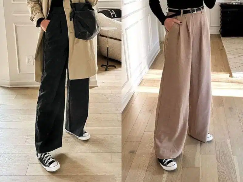 Quần ống rộng phối với giày sneaker đen nữ
