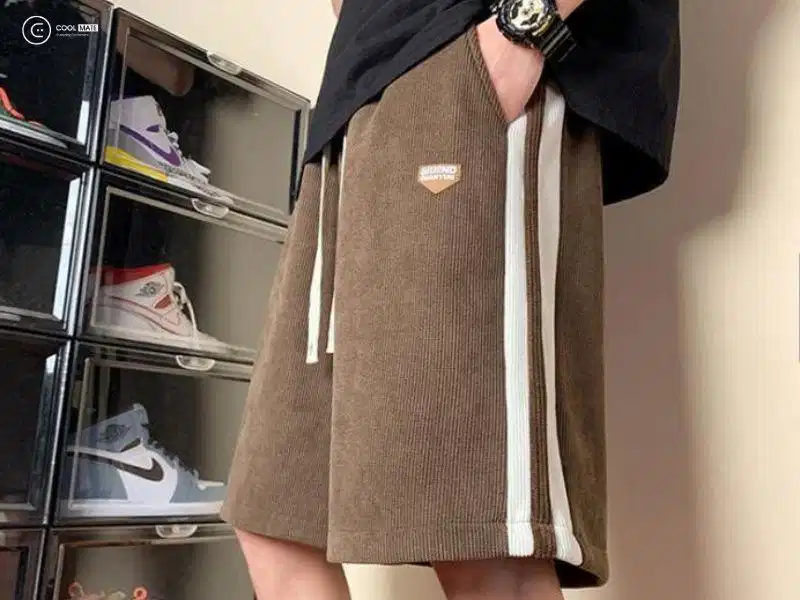 Quần short thể thao nam 2 sọc chất liệu len tăm Quần short thể thao nam chất liệu nhung tăm cho ngày giao mùa mát mẻ