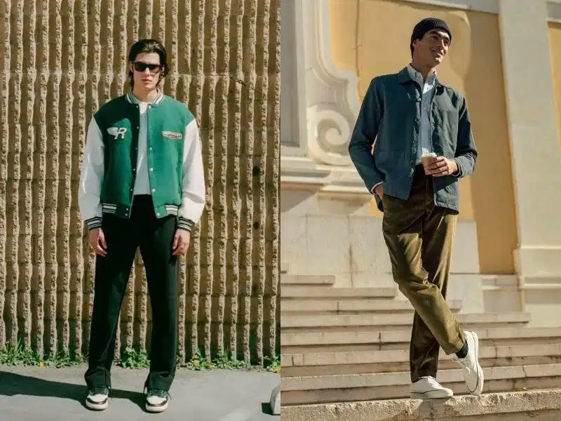 Quần xanh rêu phối áo khoác ngoài Kỹ thuật layering áo khoác bomber tối màu với áo thun và quần xanh rêu