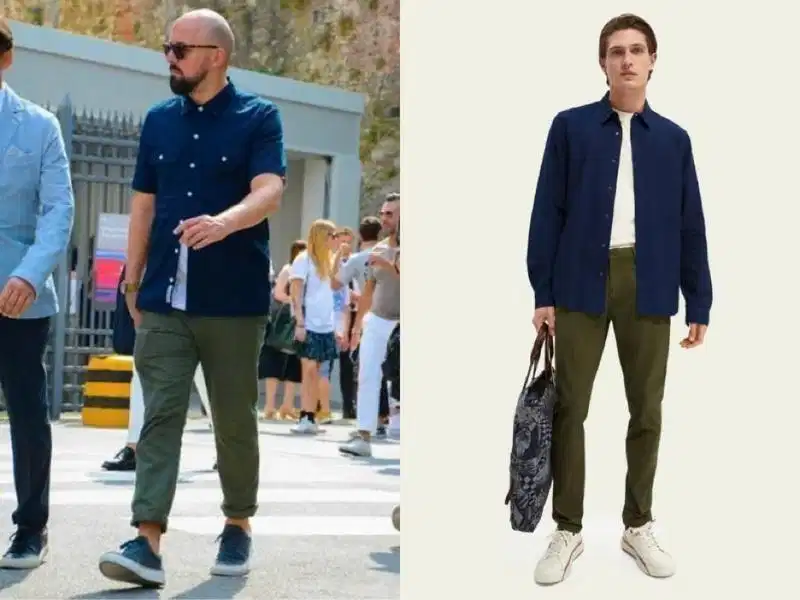 Quần xanh rêu phối áo xanh navy Áo sơ mi hoặc polo xanh navy phối cùng quần âu xanh rêu lịch lãm