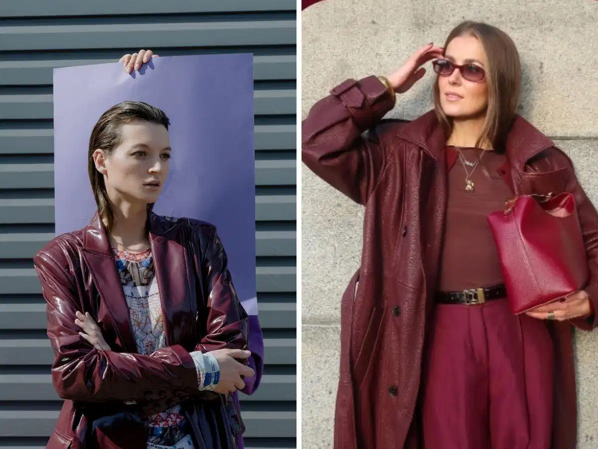 Phối chất liệu da màu đỏ burgundy trong trang phục mùa đông Phối chất liệu da màu đỏ burgundy trong trang phục mùa đông