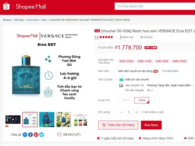 Sản phẩm của Versace tại Shopee Mall Gian hàng phân phối nước hoa chính hãng trên Shopee Mall