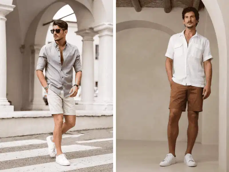 Phối áo sơ mi dài tay xắn gấu với quần short nam