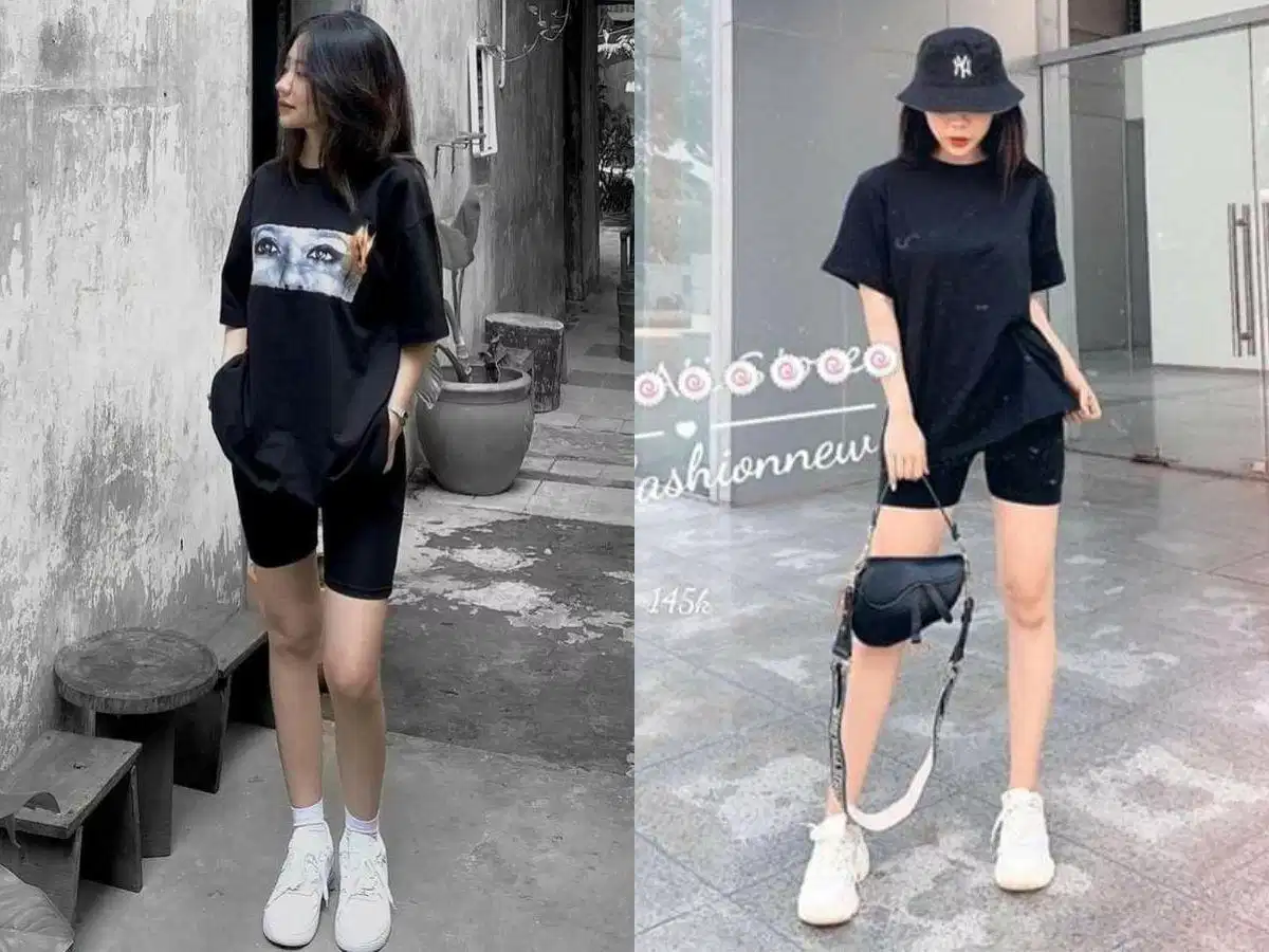 Áo thun đen dáng dài phối quần legging