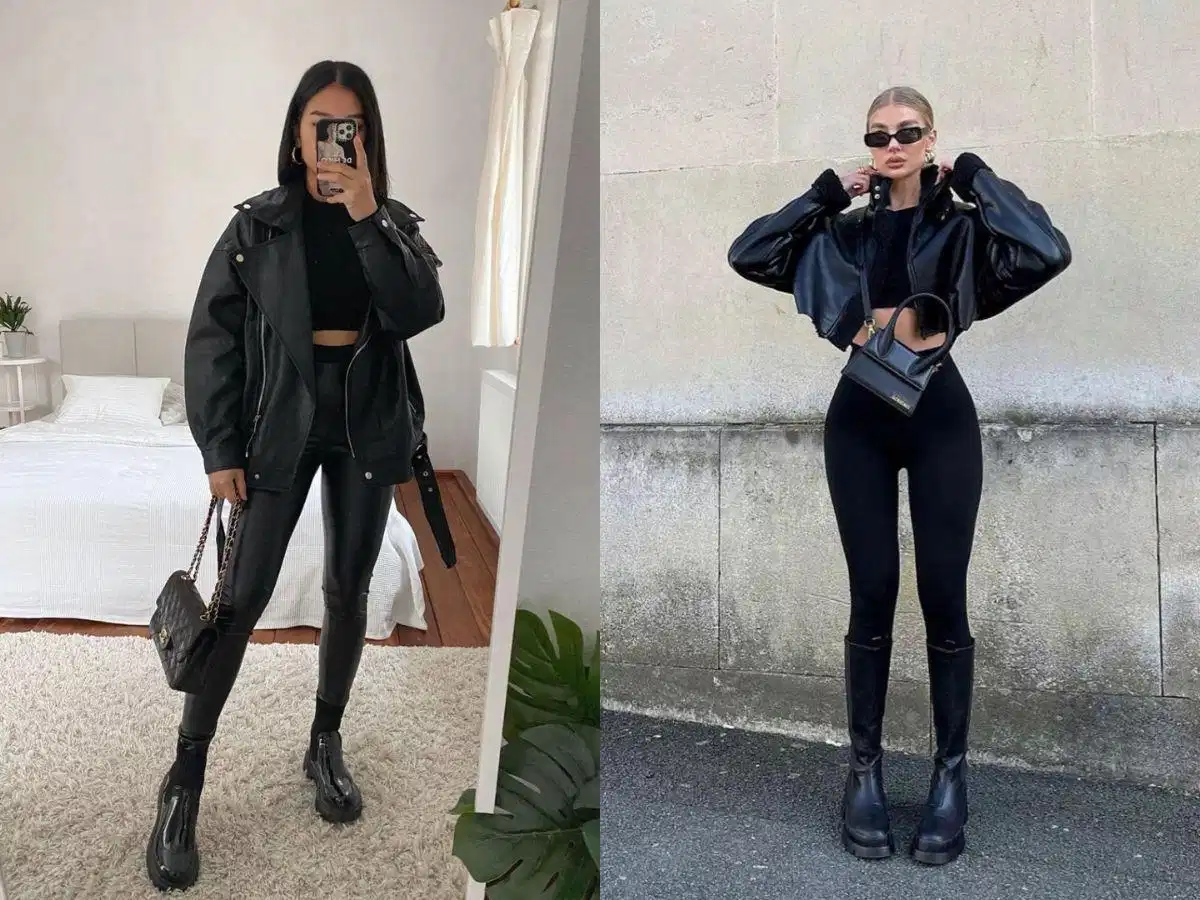 Phối legging giả da với áo khoác và boots