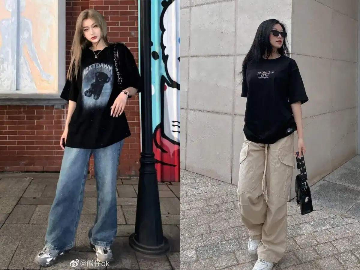 Áo thun đen phối quần baggy