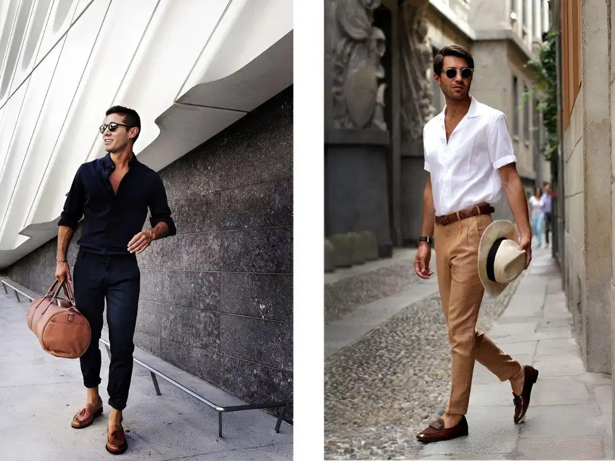 Phối áo sơ mi thả lỏng cùng quần chinos và giày loafer Phối áo sơ mi thả lỏng cùng quần chinos và giày loafer
