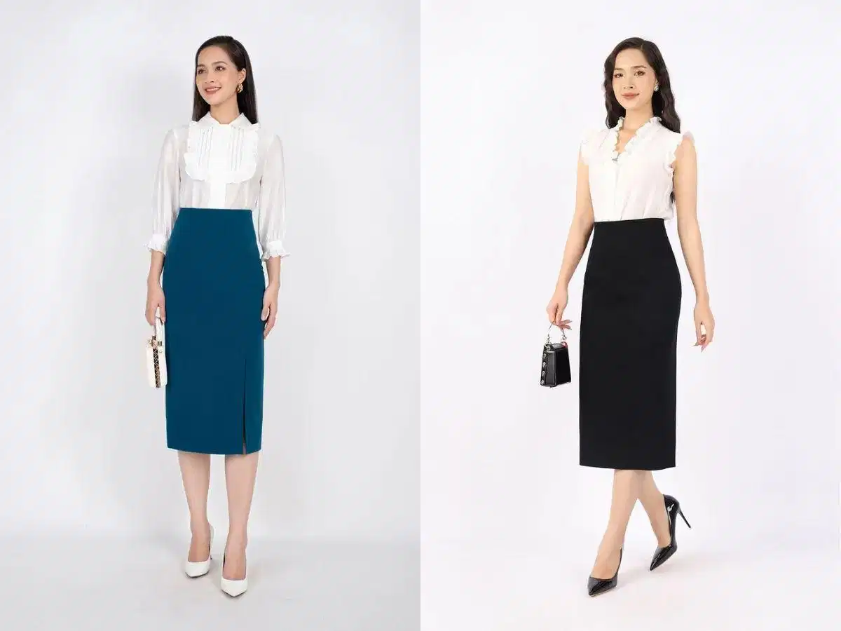 Phối váy công sở midi thanh lịch Phối váy công sở midi thanh lịch