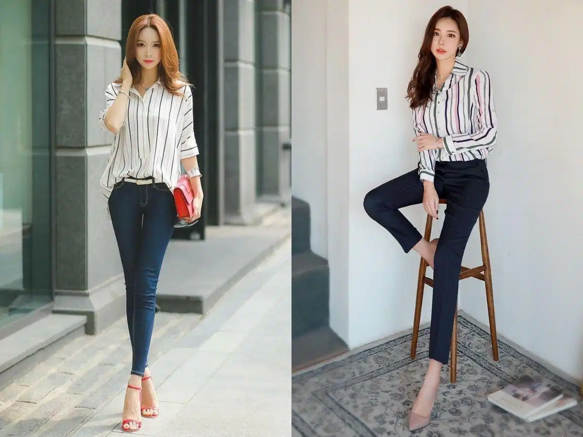 Áo sơ mi họa tiết phối với quần legging trơn Áo sơ mi họa tiết phối với quần legging trơn