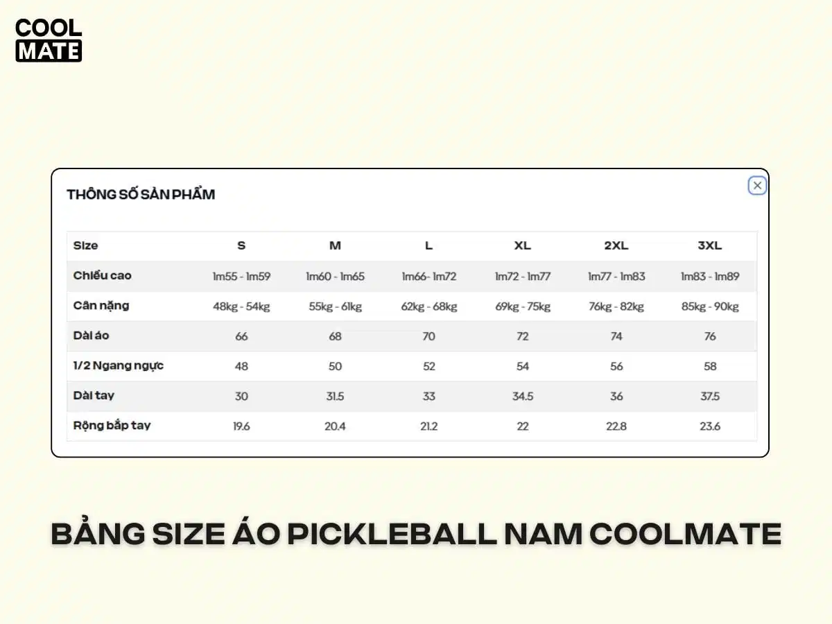 Tham khảo bảng size khi chọn áo pickleball nam