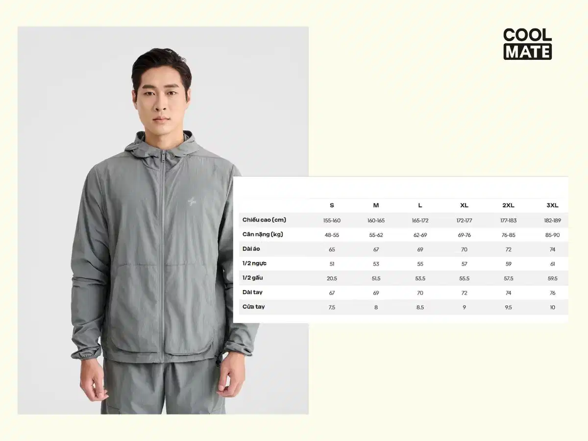 Bảng hướng dẫn xác định thông số chọn size áo khoác gió