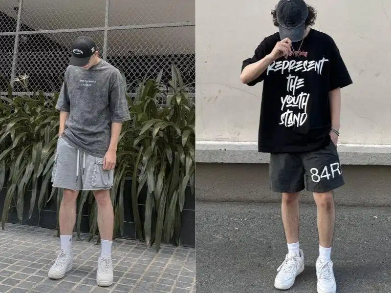 Áo thun phối quần short nam Douyin Phối áo thun tay lỡ cùng quần short rộng nam