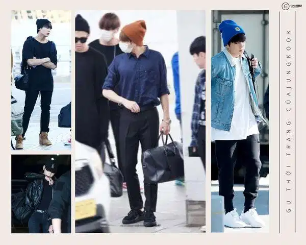 Thời trang sân bay Jungkook BTS Jungkook BTS trong trang phục đen phong cách thoải mái
