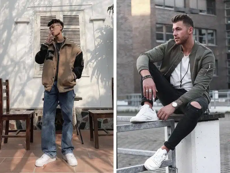 Phối áo bomber jacket năng động cùng áo thun Áo khoác bomber jacket nam phối cùng áo thun