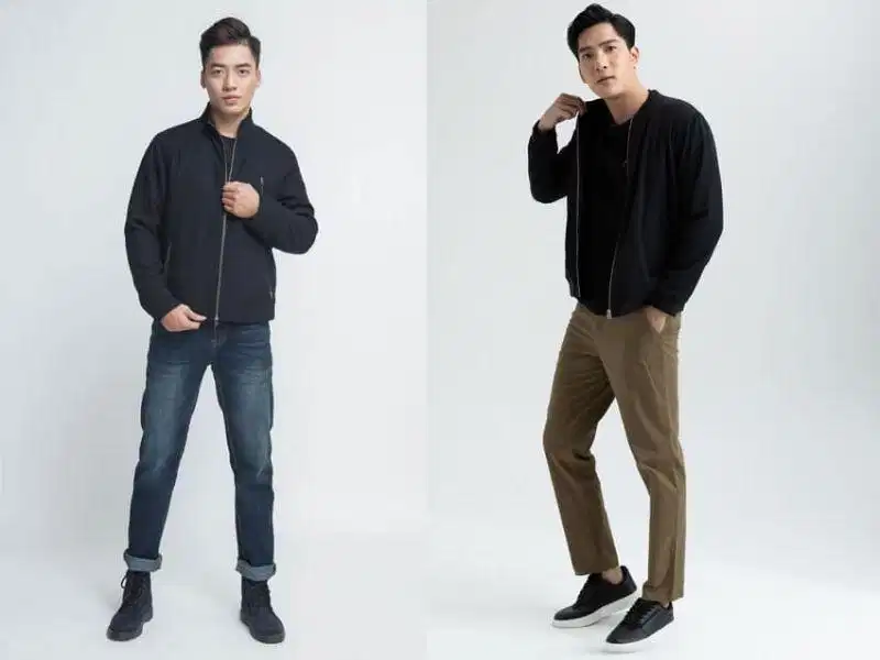 Áo khoác đen phối tương phản với áo thun trắng Áo khoác đen phối tương phản với áo thun trắng