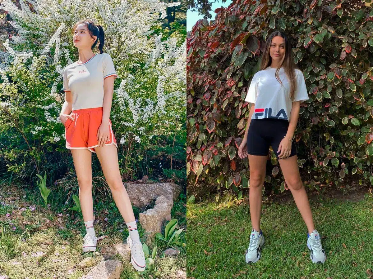 Quần short và áo phông phối với giày Fila