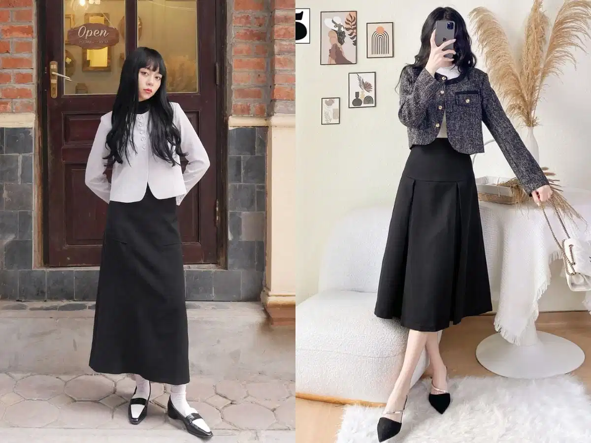 Layering với chân váy xòe dài trong ngày rét