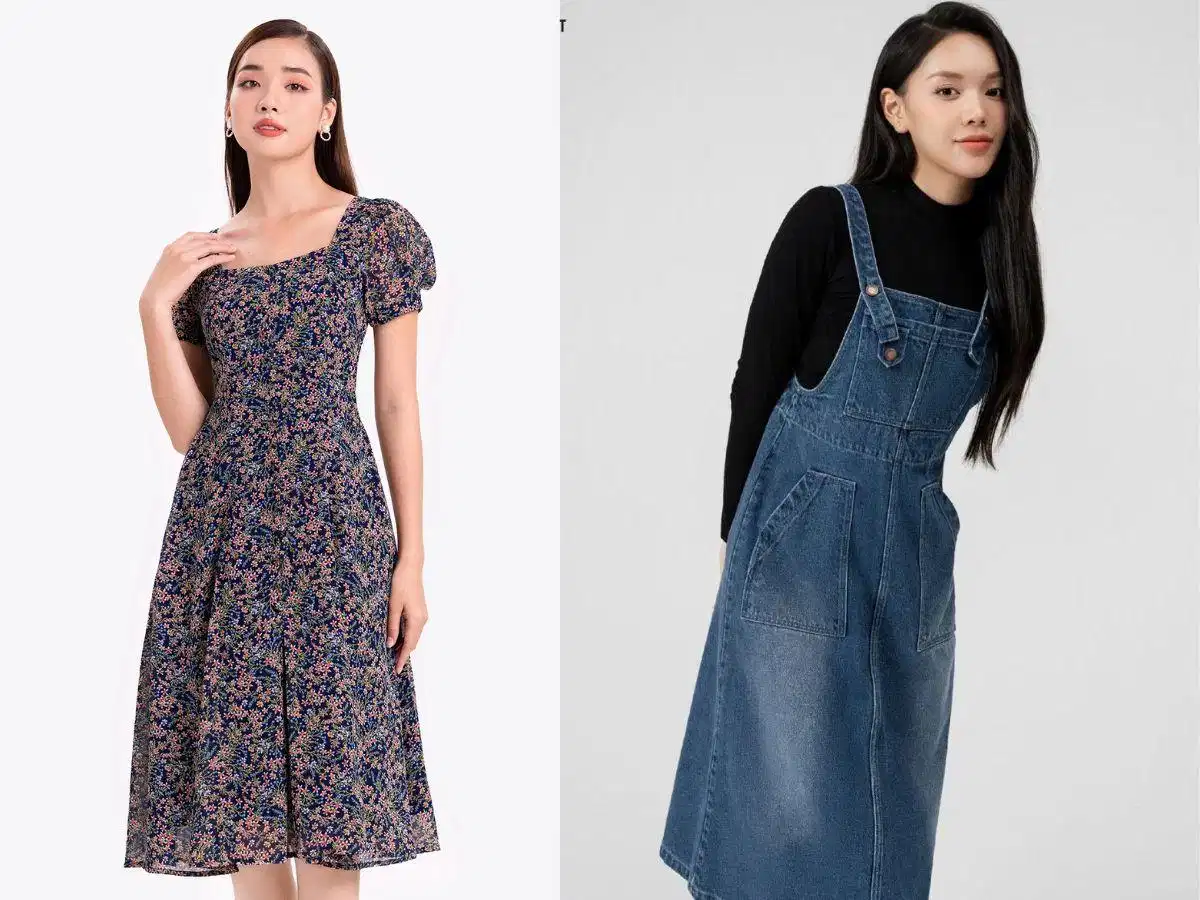 Váy midi hoa nhí và chân váy cạp cao kiểu dáng vintage nữ