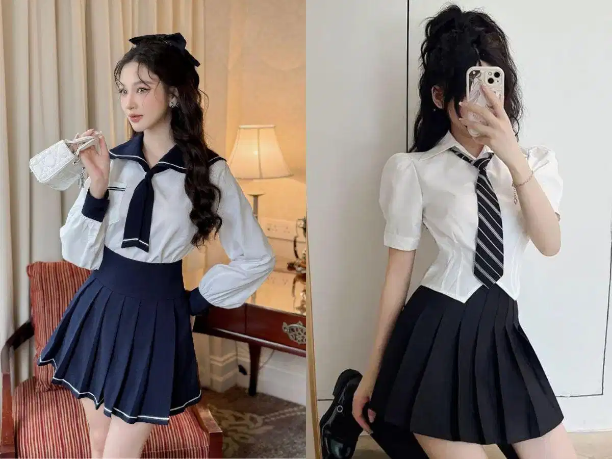 Váy hoặc chân váy xòe chữ A ứng dụng phong cách thủy thủ