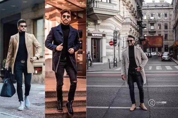 Áo thun cổ lọ và overcoat Áo thun cổ lọ nam kết hợp cùng áo khoác dạ dáng dài