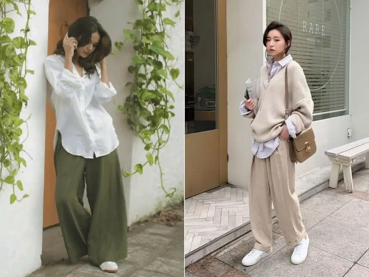 Quần vải ống rộng phối cùng giày thể thao Quần vải ống rộng phối cùng giày thể thao