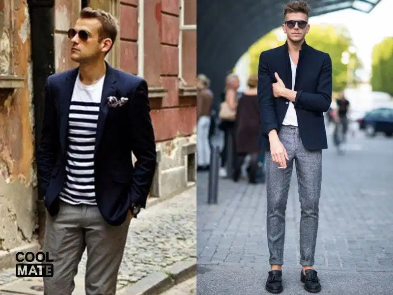 Phối áo blazer navy và quần âu màu ghi Blazer navy phối cùng quần âu xám ghi