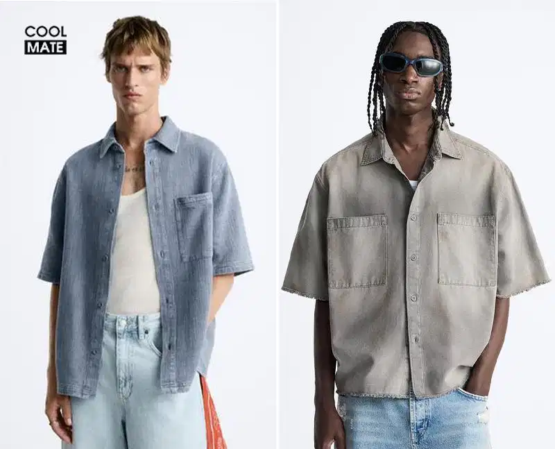 Zara denim trẻ trung Sơ mi denim nam Zara với đường may nổi cá tính